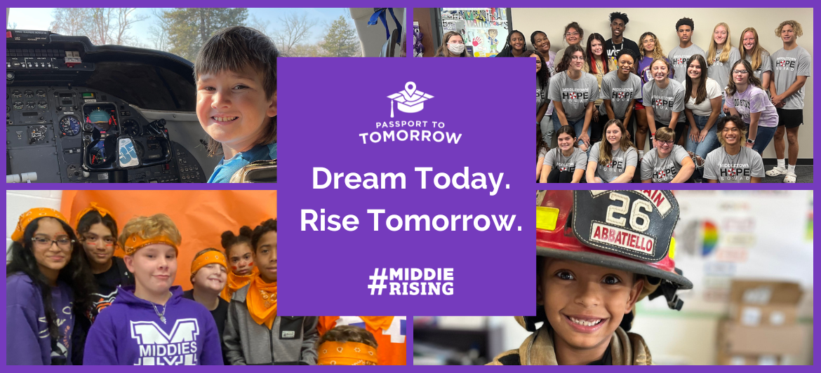 School aged children collage; dream today. rise tomorrow.